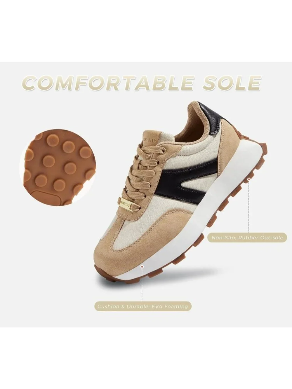 Women's Beige/Black Retro Classic Stylish Lace Up Tennis Running Walking Sneaker